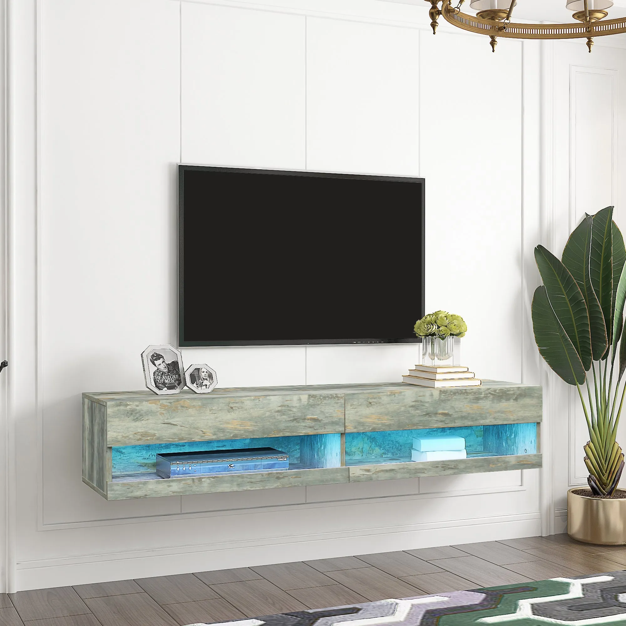 180 Wall Mounted Floating 80" TV Stand with 20 Color LEDs Grey