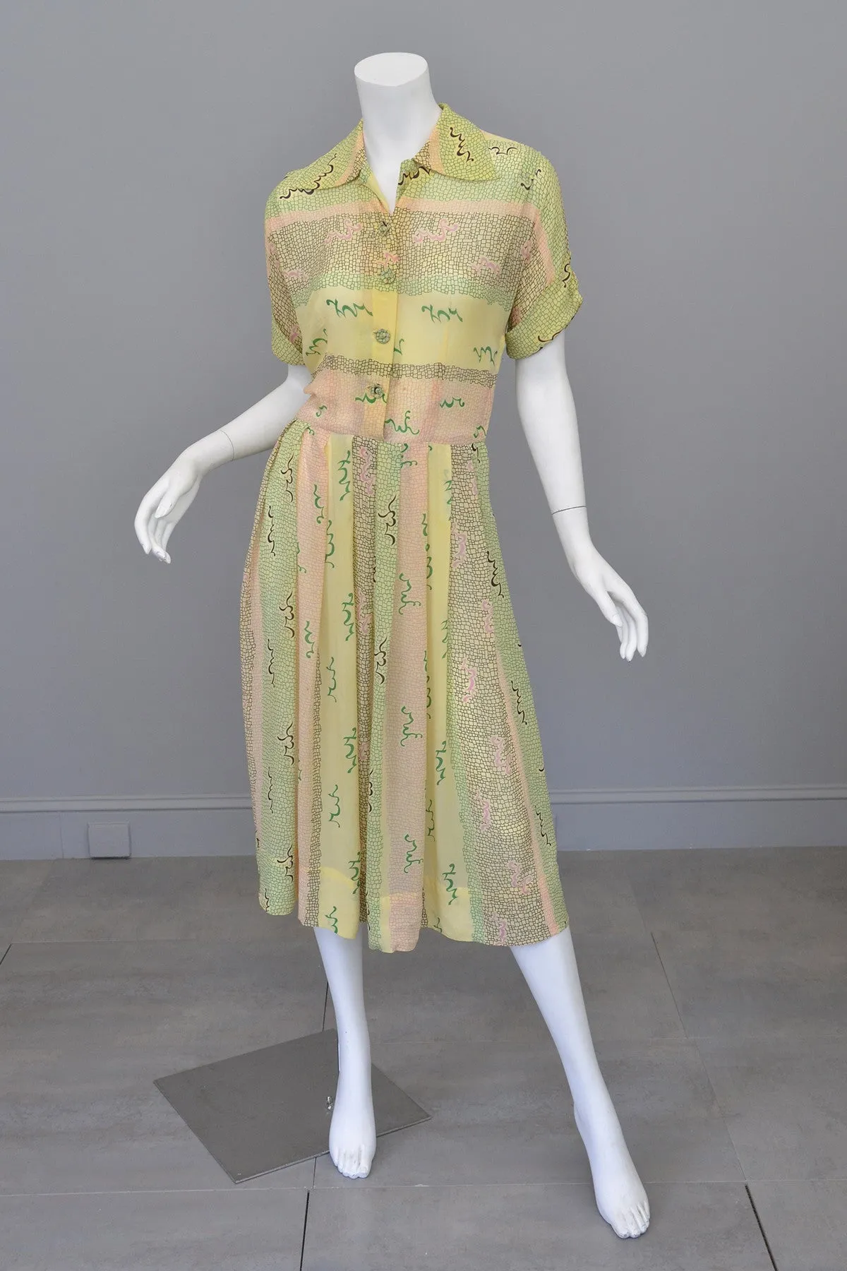 1940s Sketchy Novelty Print Spring Dress