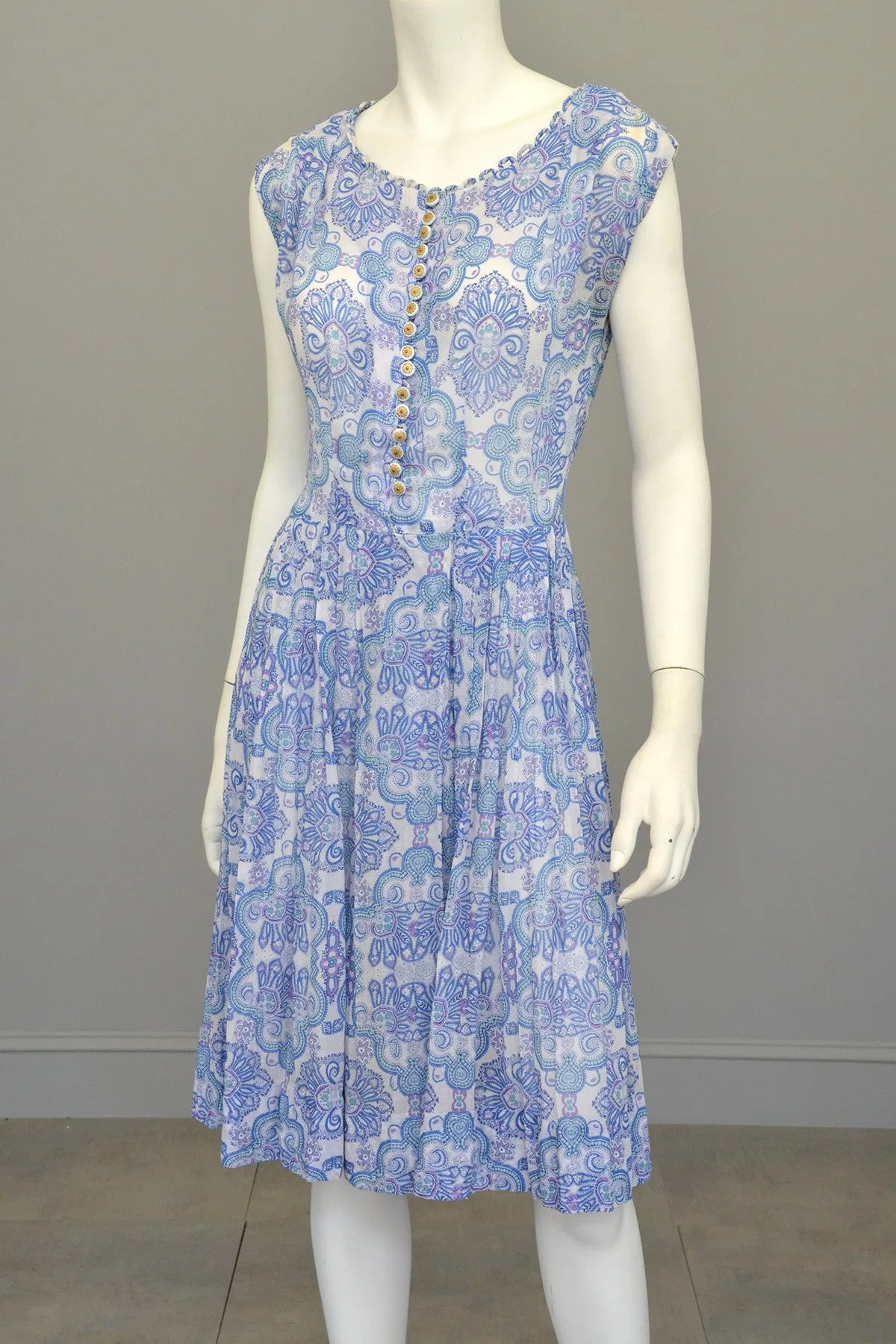 1950s Semi Sheer Blue White Paisley Scallop Trim Starfish Sundress