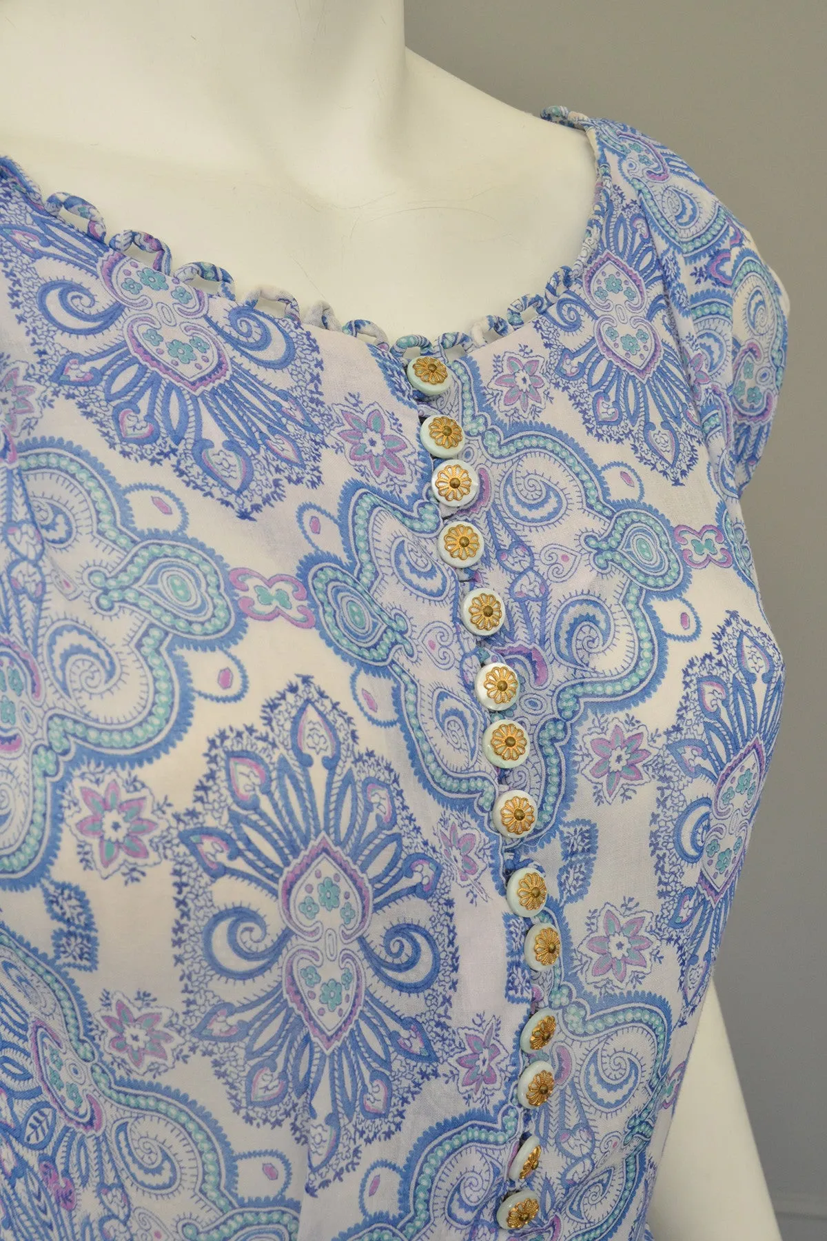 1950s Semi Sheer Blue White Paisley Scallop Trim Starfish Sundress