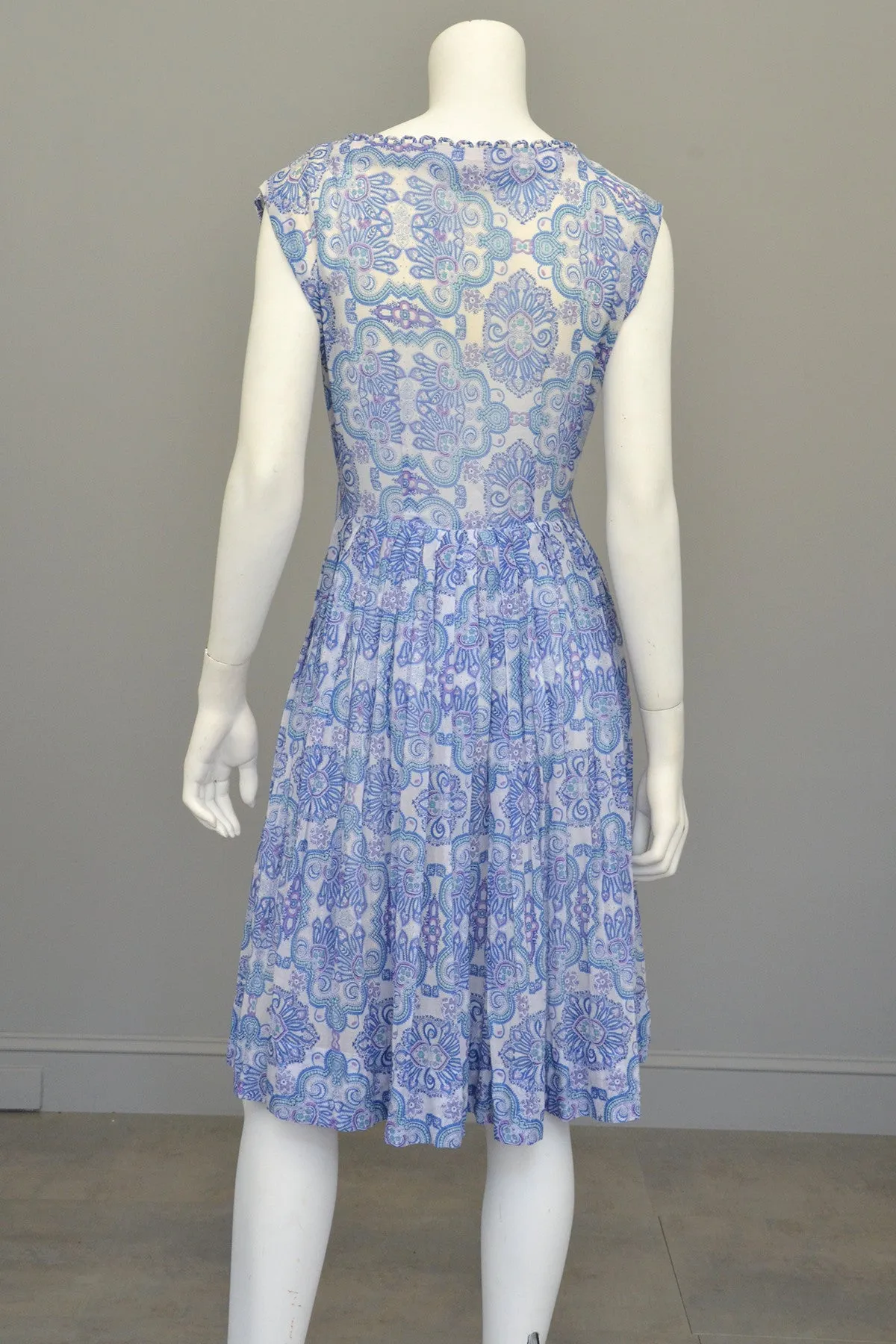 1950s Semi Sheer Blue White Paisley Scallop Trim Starfish Sundress