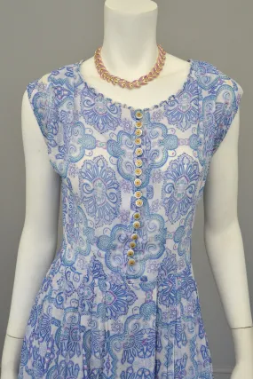 1950s Semi Sheer Blue White Paisley Scallop Trim Starfish Sundress