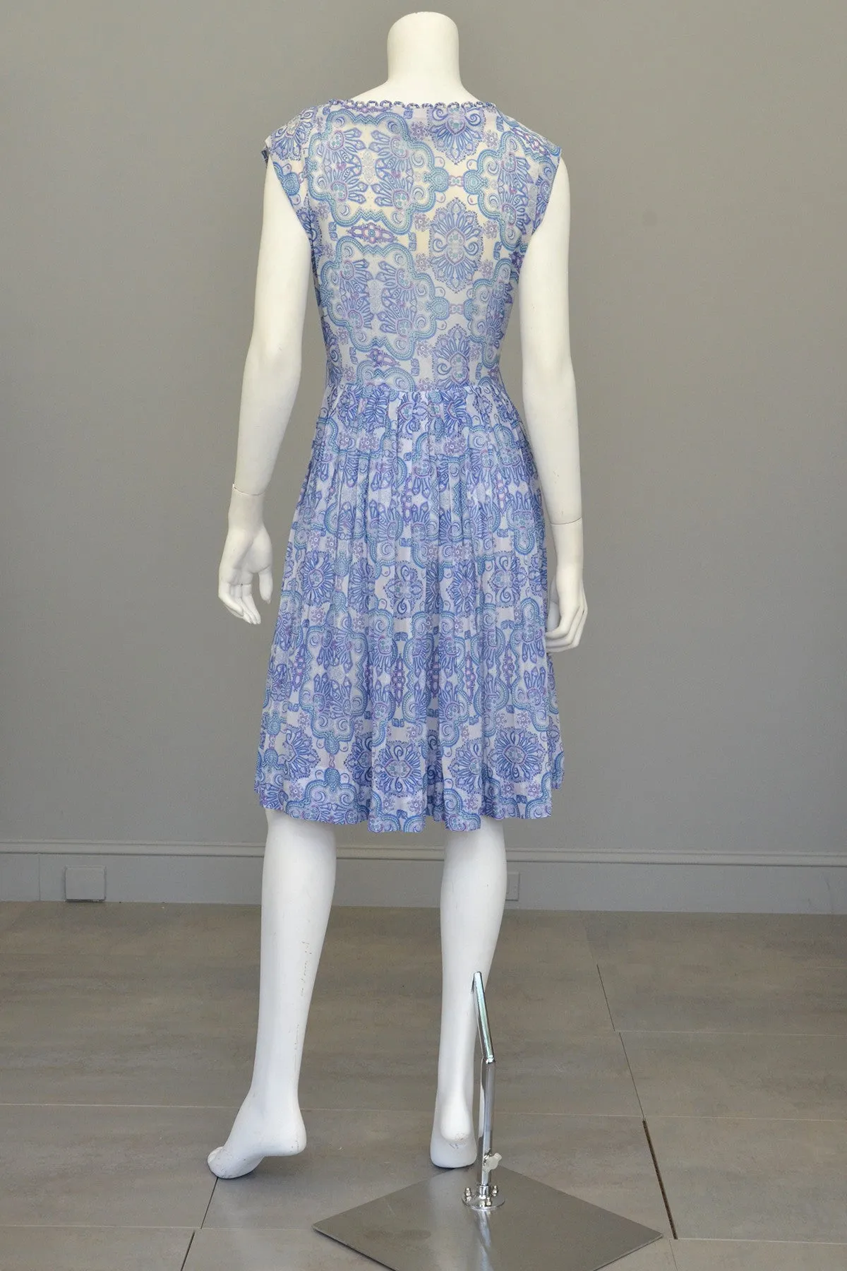 1950s Semi Sheer Blue White Paisley Scallop Trim Starfish Sundress