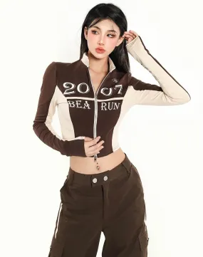 2007 Patchwork Brown White Letter Print Long Sleeve Top