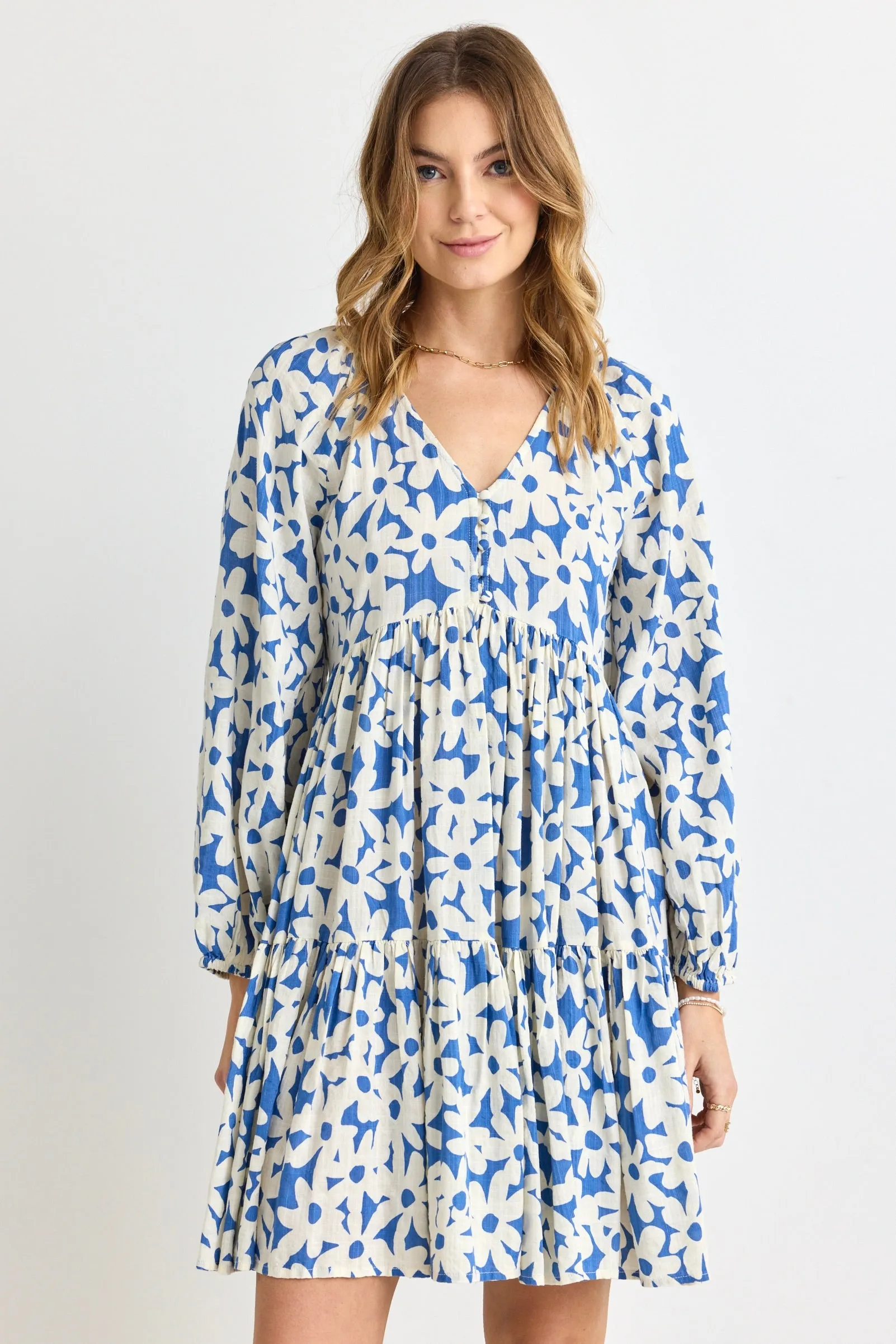 Airy Blue FlowerLS V Neck Mini Dress