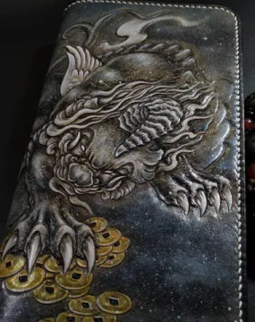 Badass Black Leather Men's Chinese Monster Long Biker Wallet Handmade Tooled Zipper Long Wallets For Men