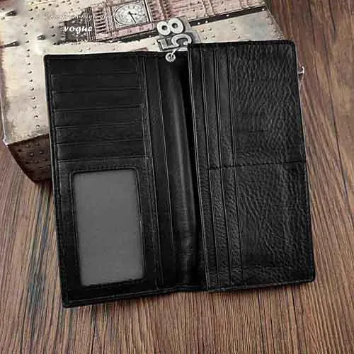 Badass Black Leather Men's Skull Long Biker Wallet Bifold Black Chain Long Wallets For Men