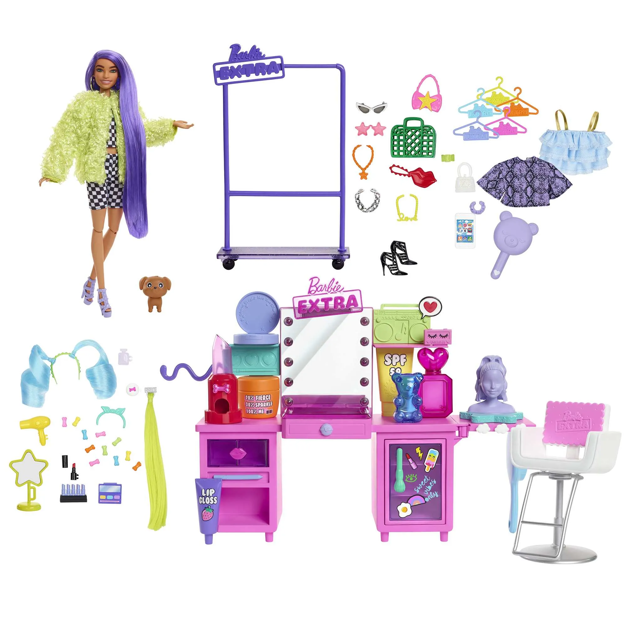 Barbie Extra Doll & Vanity Playset With Exclusive Doll, Pet Puppy, Vanity & 45  Pieces