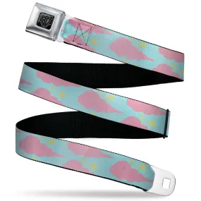 BD Wings Logo CLOSE-UP Black/Silver Seatbelt Belt - Cloudy/Starry Sky Aqua/Pink/Yellow Webbing