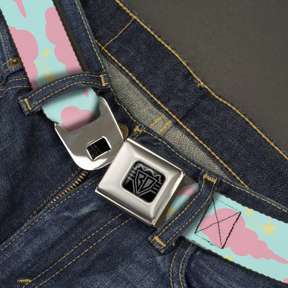 BD Wings Logo CLOSE-UP Black/Silver Seatbelt Belt - Cloudy/Starry Sky Aqua/Pink/Yellow Webbing