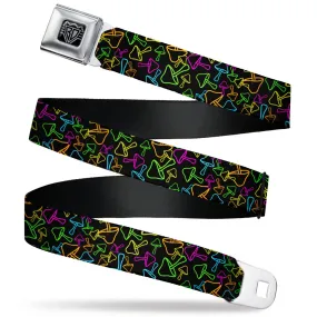 BD Wings Logo CLOSE-UP Black/Silver Seatbelt Belt - Mushroom Outline Scattered Black/Multi Neon Webbing