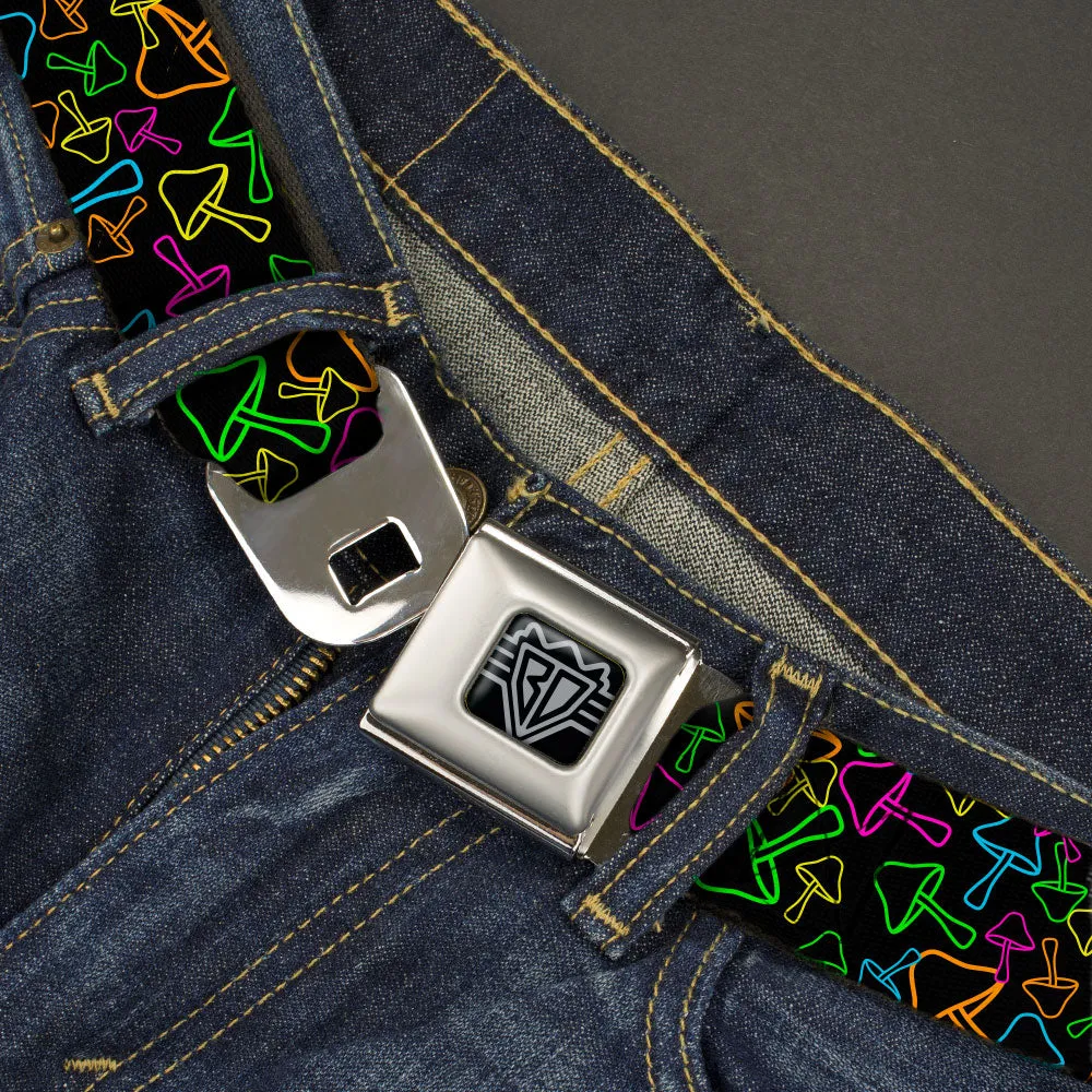 BD Wings Logo CLOSE-UP Black/Silver Seatbelt Belt - Mushroom Outline Scattered Black/Multi Neon Webbing