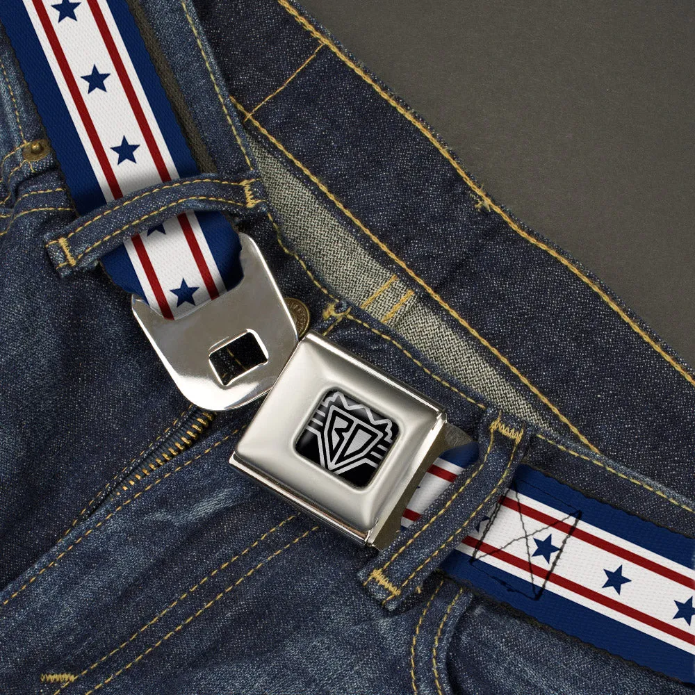 BD Wings Logo CLOSE-UP Full Color Black Silver Seatbelt Belt - Americana Stars & Stripes 6 Blue/White/Red Webbing