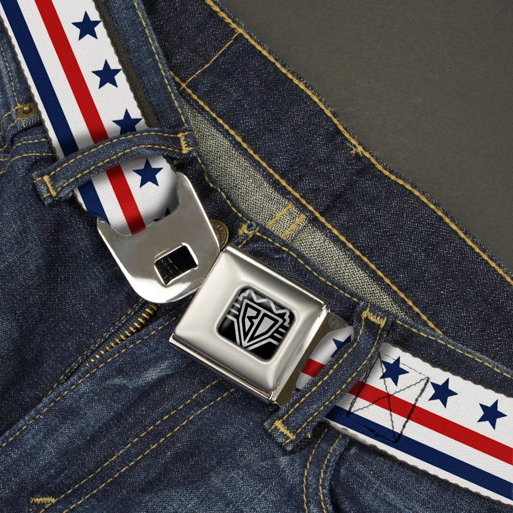 BD Wings Logo CLOSE-UP Full Color Black Silver Seatbelt Belt - Americana Stars & Stripes7 White/Blue/Red Webbing