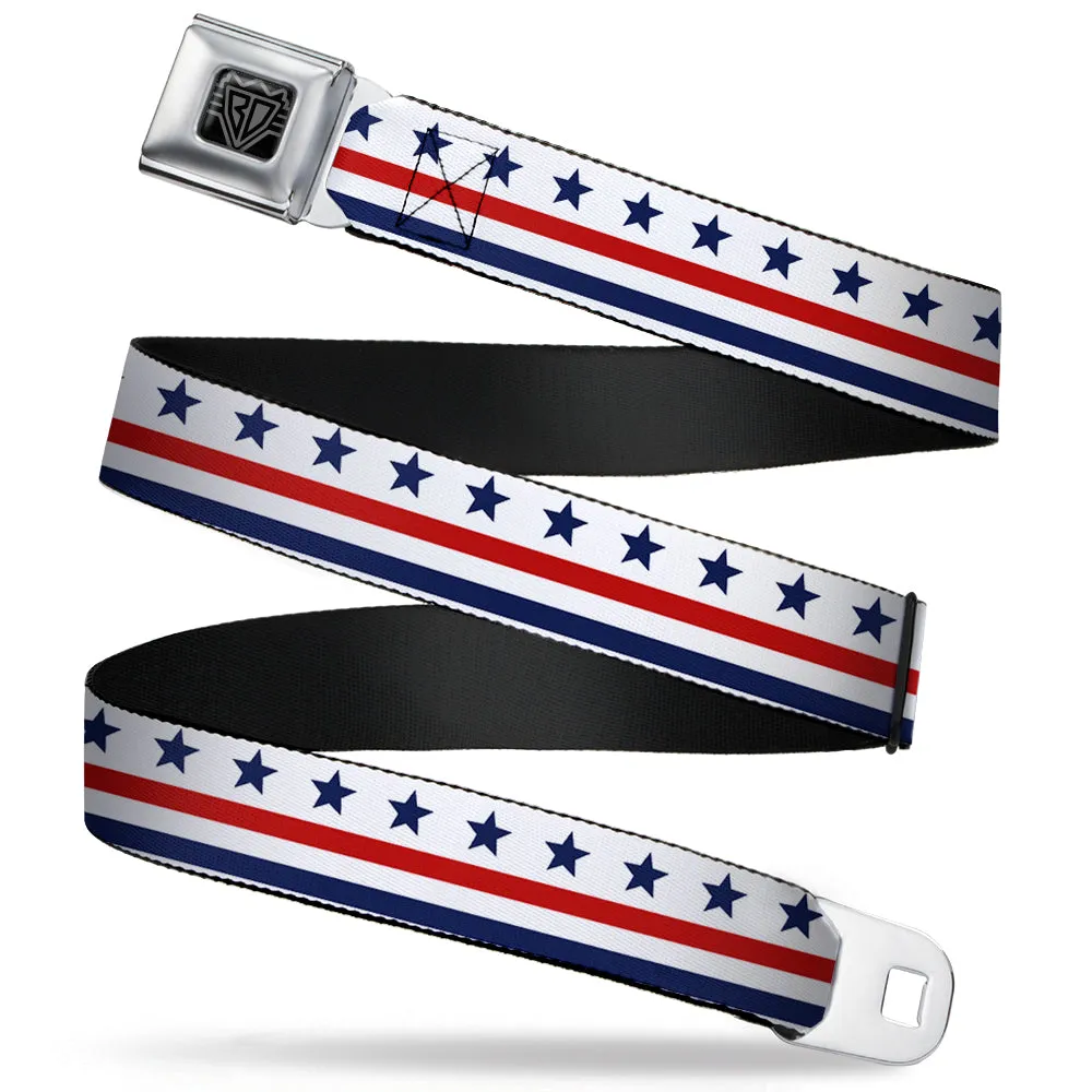 BD Wings Logo CLOSE-UP Full Color Black Silver Seatbelt Belt - Americana Stars & Stripes7 White/Blue/Red Webbing