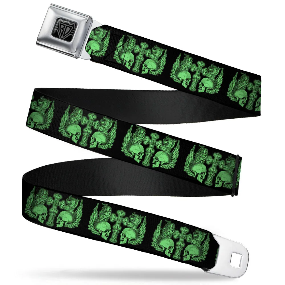 BD Wings Logo CLOSE-UP Full Color Black Silver Seatbelt Belt - BD Skulls w/Wings Black/Green Webbing