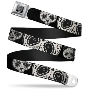 BD Wings Logo CLOSE-UP Full Color Black Silver Seatbelt Belt - Panda Bear Sugar Skull CLOSE-UP Scattered Black/Cream Webbing by Buckle-Down