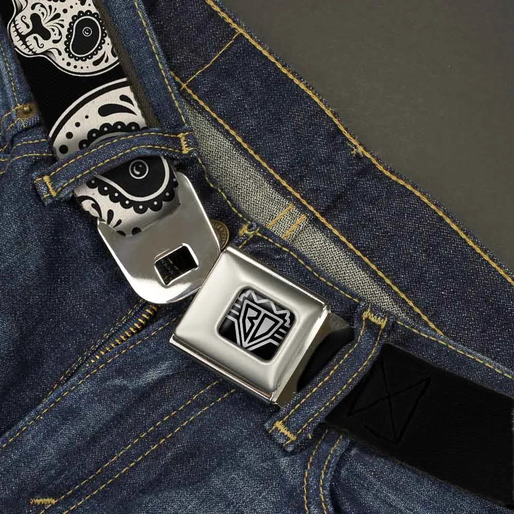 BD Wings Logo CLOSE-UP Full Color Black Silver Seatbelt Belt - Panda Bear Sugar Skull CLOSE-UP Scattered Black/Cream Webbing by Buckle-Down