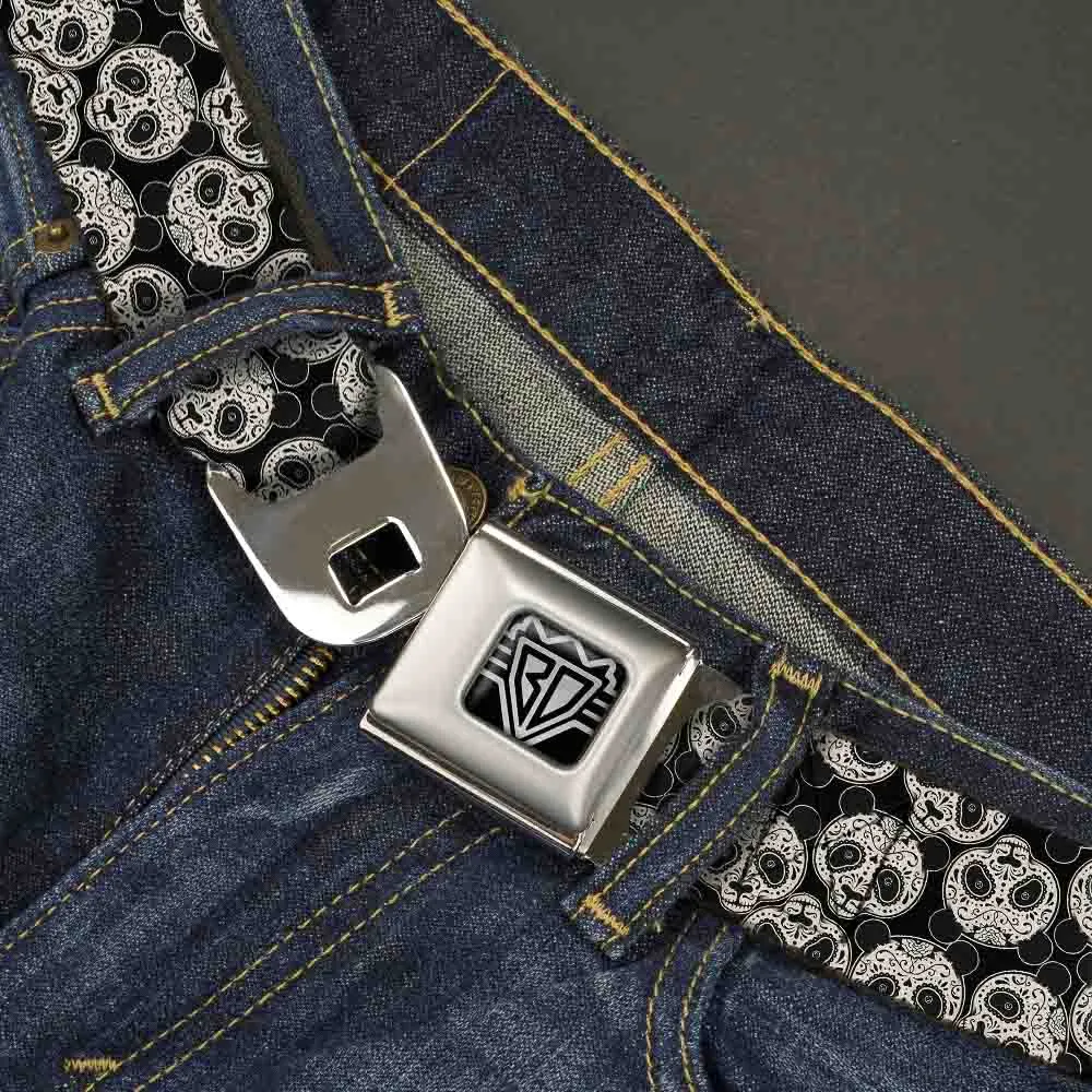 BD Wings Logo CLOSE-UP Full Color Black Silver Seatbelt Belt - Panda Bear Sugar Skull Scattered Black/Cream Webbing by Buckle-Down