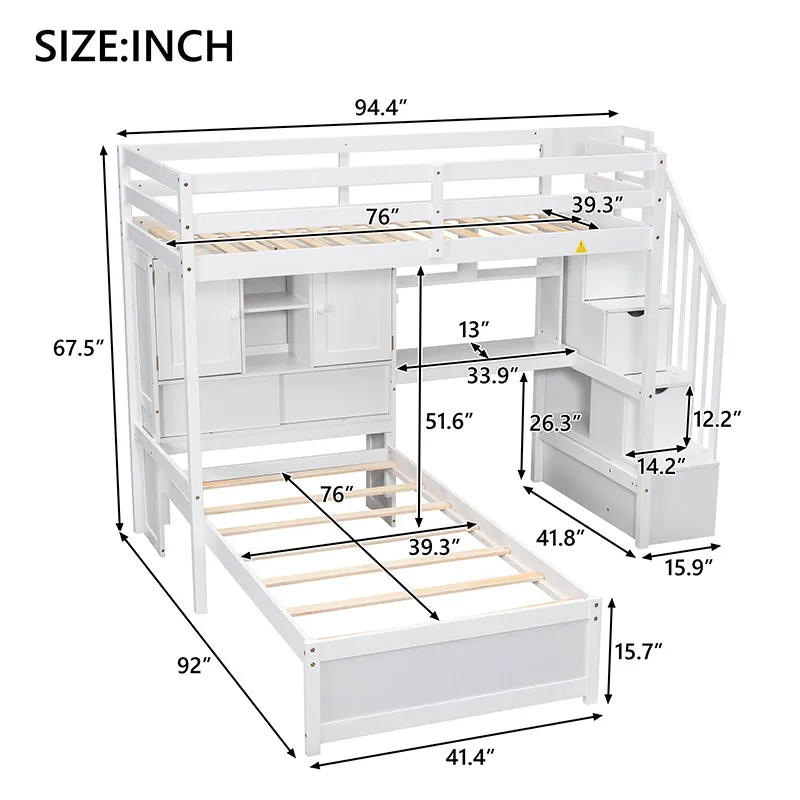 Bellemave® Twin Size Loft Bed with Built-in Desk and Staircase, Storage Compartments and Shelves