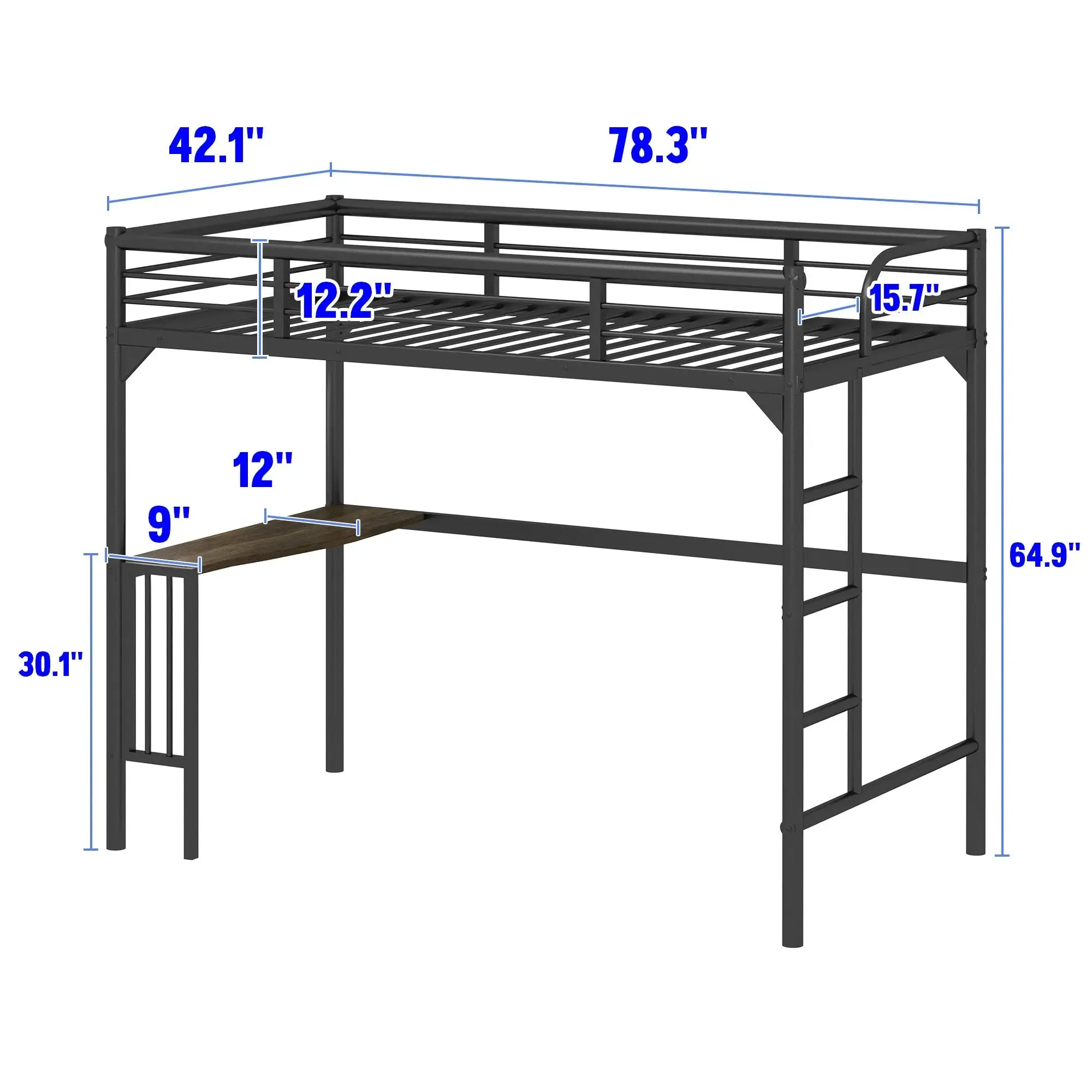 Bellemave® Twin Size Metal Loft Bed with Desk, Ladder and Guardrails