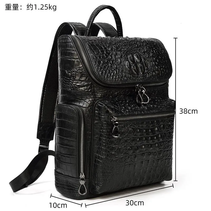 Black Crocodile Pattern Leather Men's 14 inches Computer Backpack Black Travel Backpack College Backpack For Men