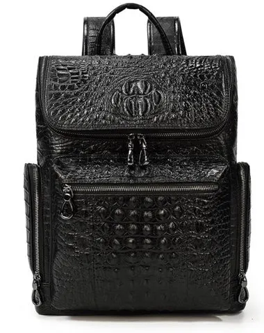 Black Crocodile Pattern Leather Men's 14 inches Computer Backpack Black Travel Backpack College Backpack For Men