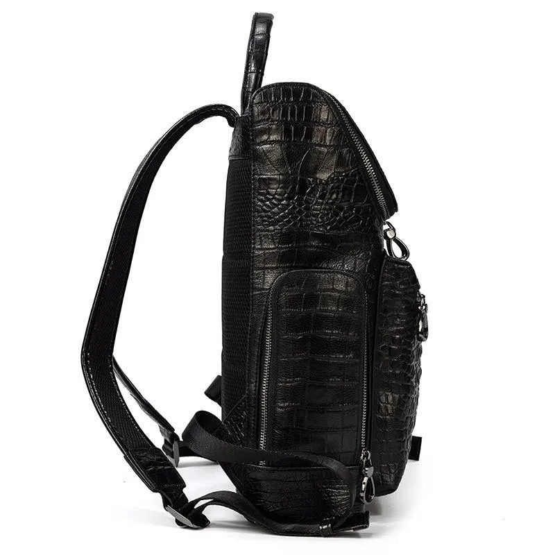 Black Crocodile Pattern Leather Men's 14 inches Computer Backpack Black Travel Backpack College Backpack For Men