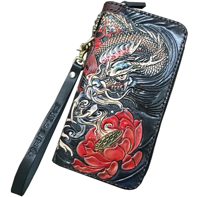 Black Handmade Tooled Chinese Dragon Leather Long Biker Wallet Chain Wallet Clutch Wallet For Men