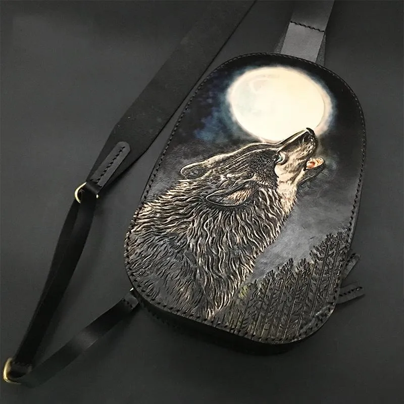 Black Handmade Tooled Leather Wolf Sling Bag Chest Bag One Shoulder Backpack For Men