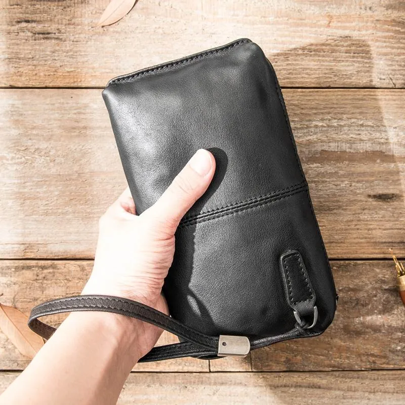 Black Leather Mens Long Zipper Clutch Wallet Wristlet Bag Long Wallet Phone Purse for Men