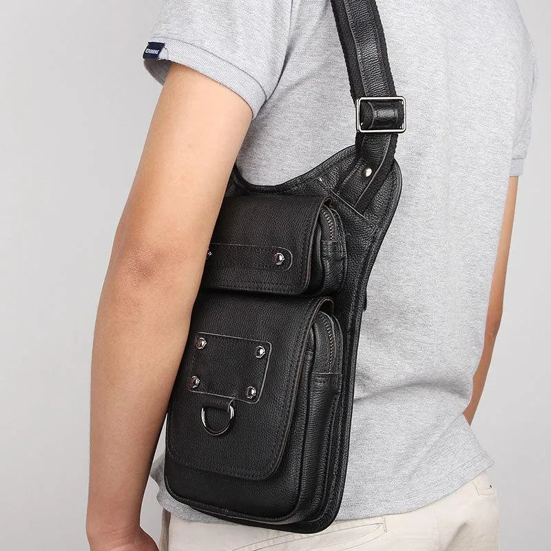 Black Leather Men's Sling Bag Shoulder Bag Chest Bag One Shoulder Backpack For Men