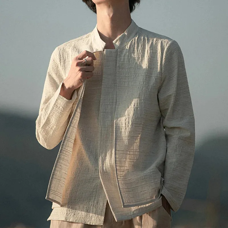 Bonsir -  Chinese Style Stand-Up Collar Shirt Men Spring Autumn Linen Tang Suit Shirt Fake Two Loose Plus Size Coat Tai Chi Clothes Male