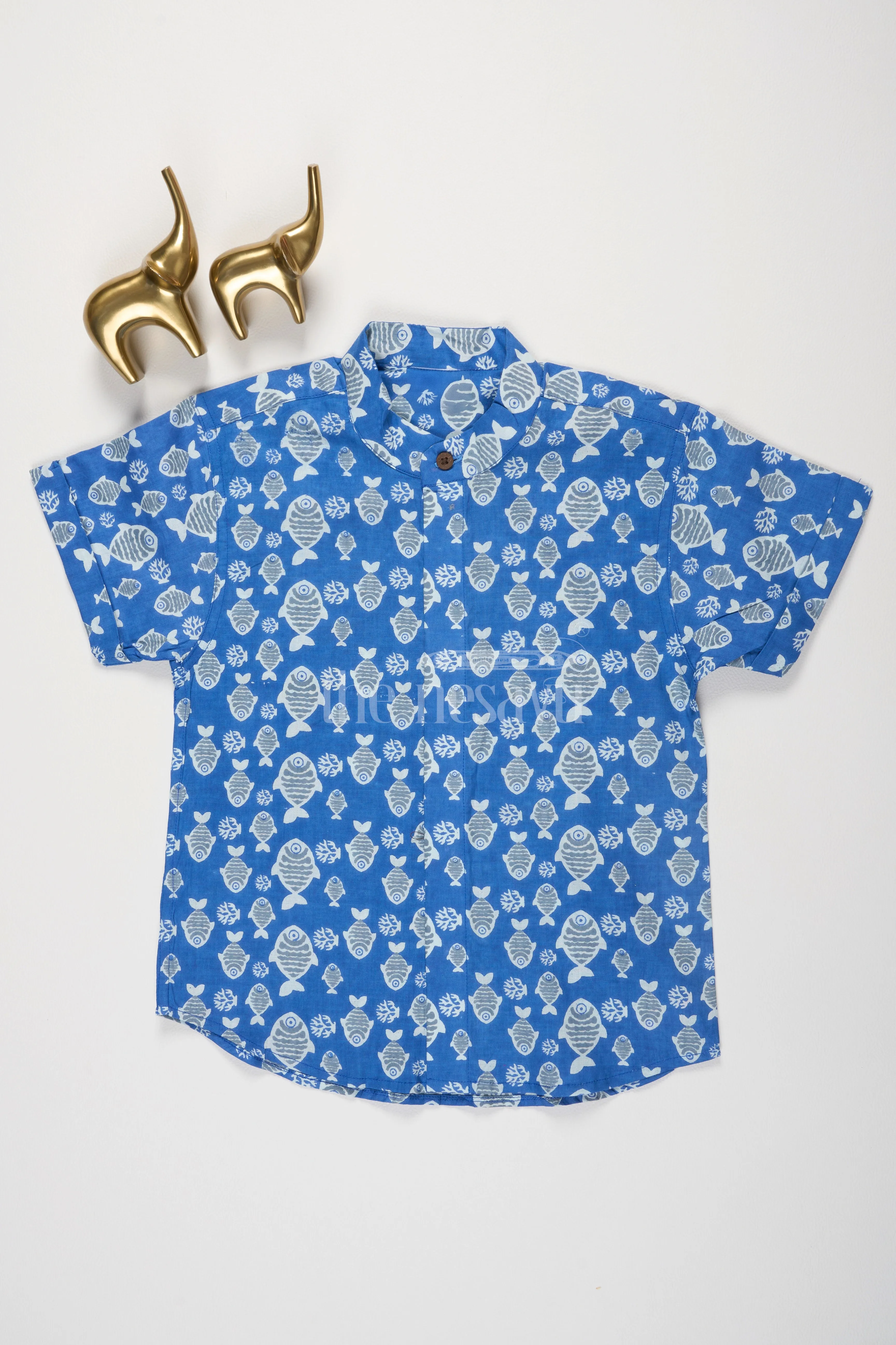 Boys Blue Cotton Short-Sleeve Shirt with Whimsical Fish Print for Casual Summer Wear