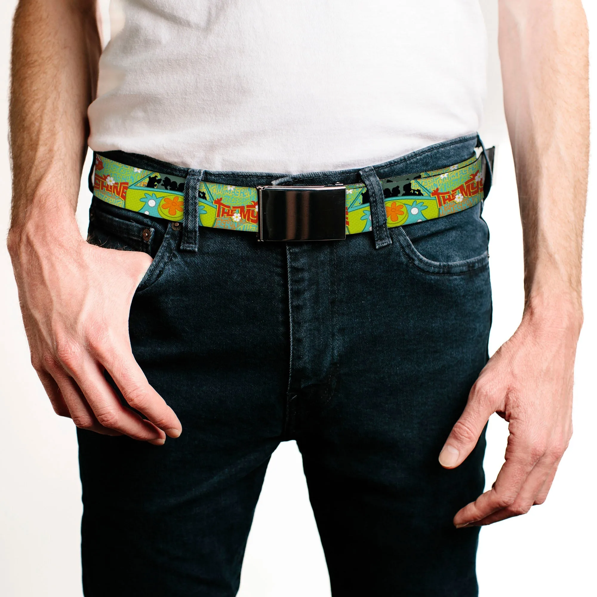 Chrome Buckle Web Belt - Scooby Doo Group in THE MYSTERY MACHINE Webbing by Buckle-Down