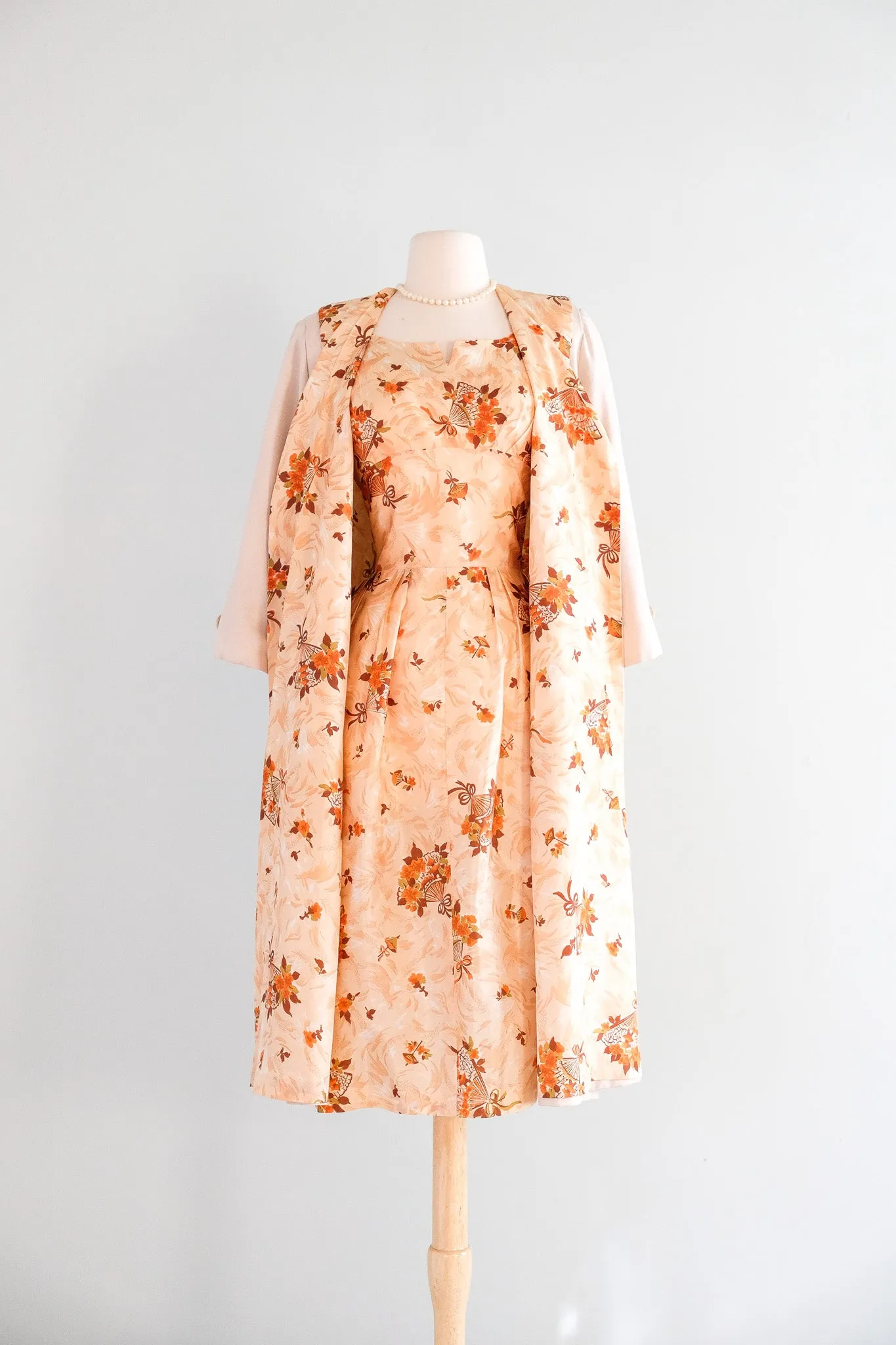 Classic 1950's Autumn Print Wiggle Dress With Matching Lined Coat / M