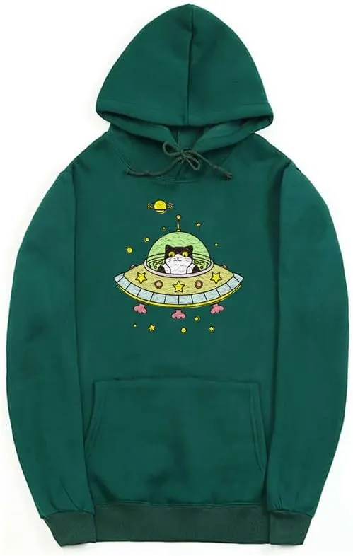 CORIRESHA Space Lover Hoodie Long Sleeve Drawstring Cute Cat Spaceship Sweatshirt