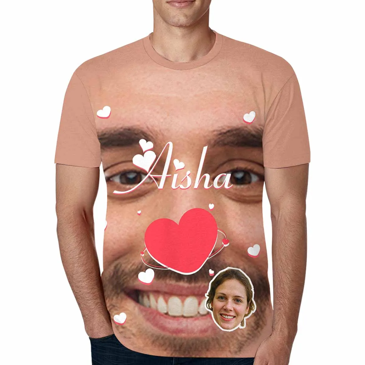 Couple Custom Face&Name Red Heart Unique Design All Over Print T-shirt For Men Women