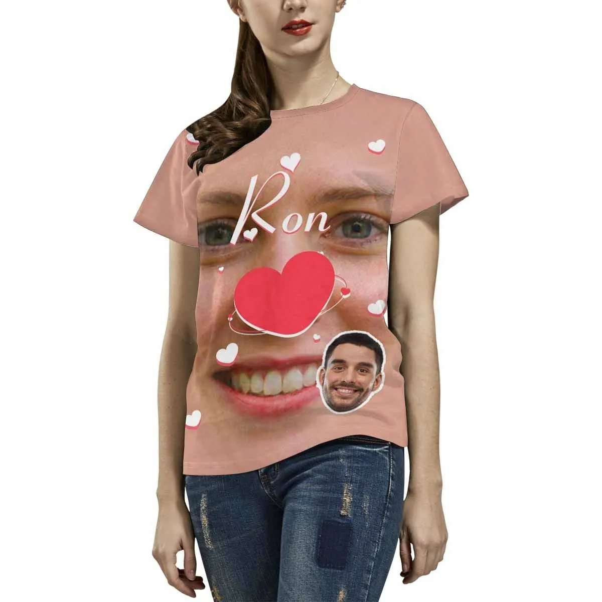 Couple Custom Face&Name Red Heart Unique Design All Over Print T-shirt For Men Women