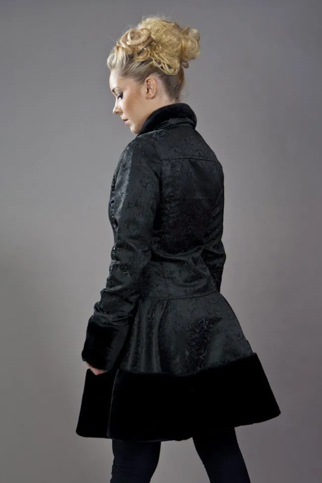 Dark Women's Coat In Black Brocade And Black Fur