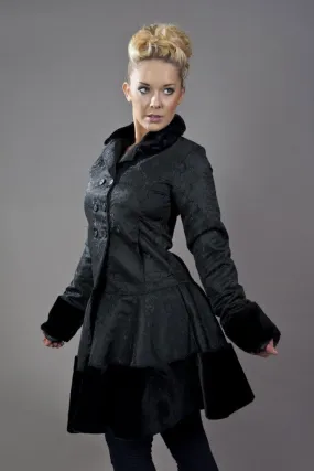 Dark Women's Coat In Black Brocade And Black Fur