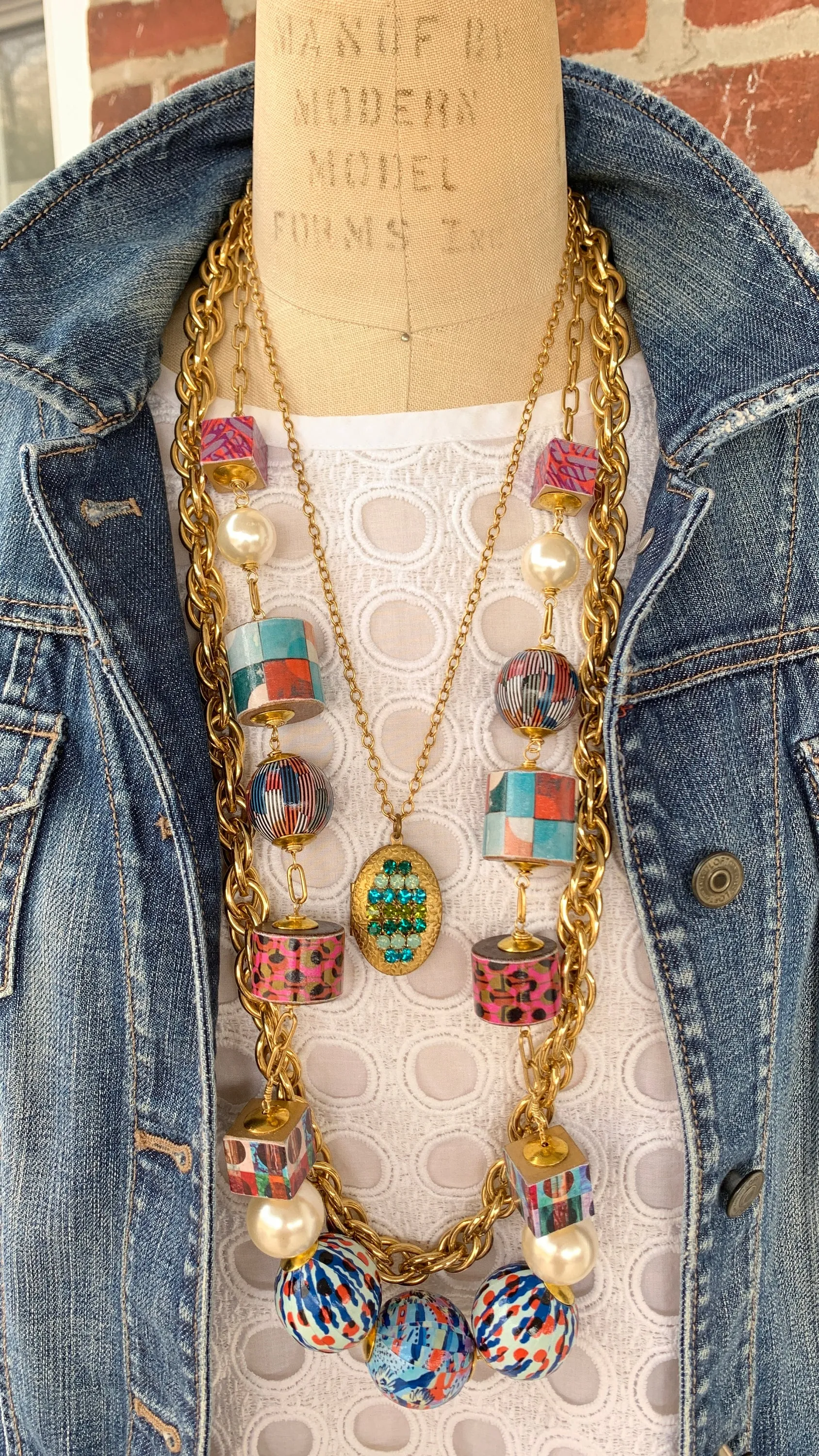 Decoupage Wooden Bead Statement Necklace