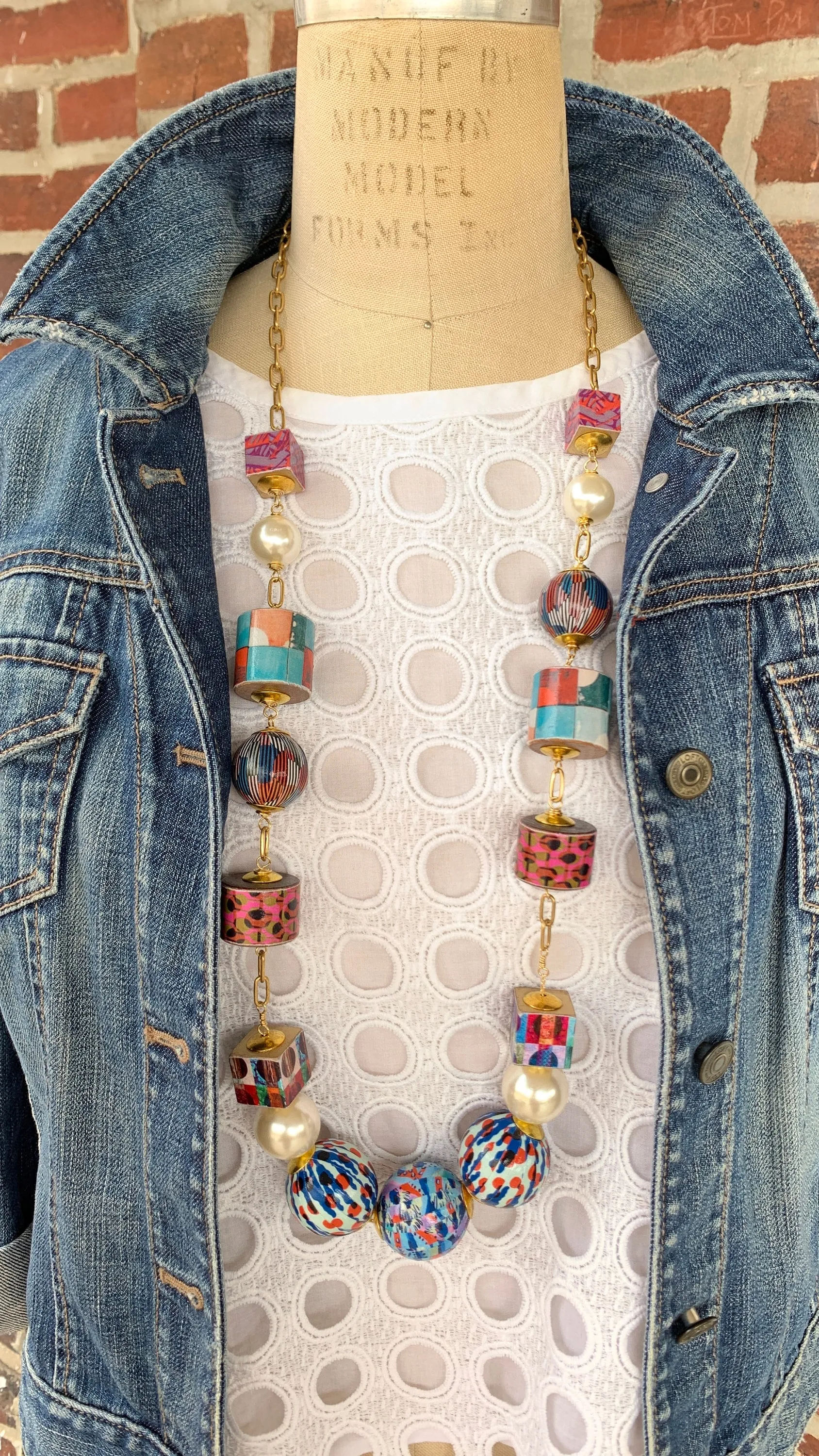 Decoupage Wooden Bead Statement Necklace