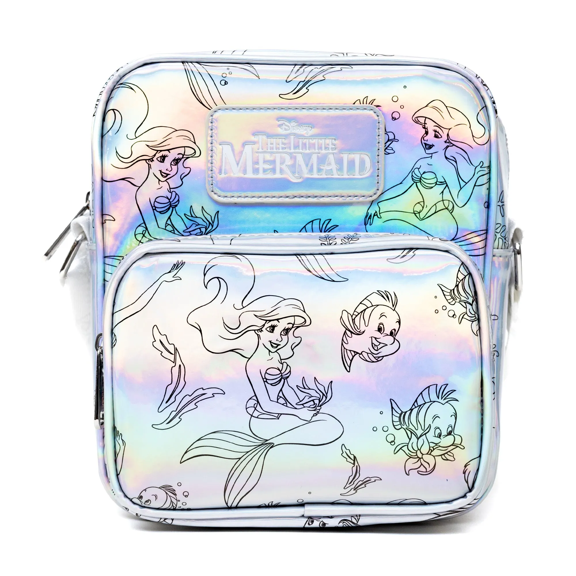 Disney Vegan Leather Cross Body Backpack with Adjustable Strap, The Little Mermaid Ariel and Flounder Poses Iridescent Holographic