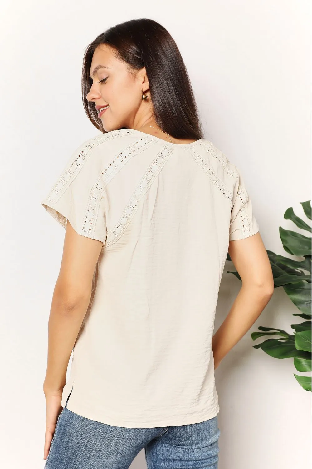 Double Take Crochet Buttoned Short Sleeves Top