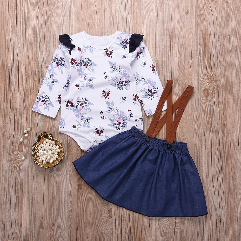 Fashion Baby clothes 2PCs Infant Baby Girls Clothing Set Floral Romper Jumpsuit Denim Strap Skirt