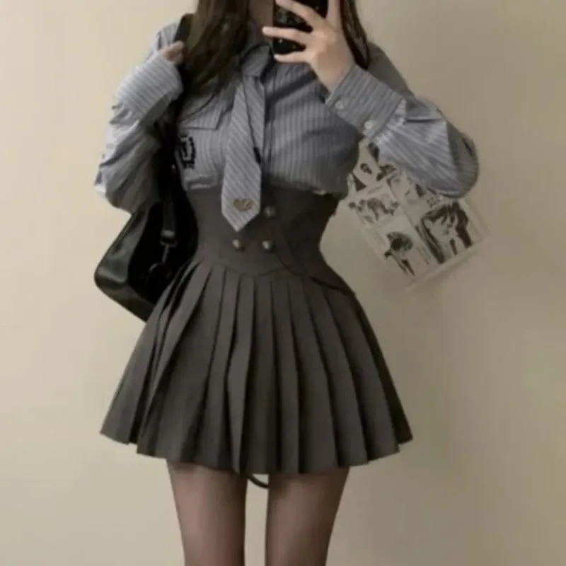 Fashionkova Autumn New 3 Piece Set Women Kawaii Skirt Suits Female Short Coat Pleated Mini Skirt Striped Shirt Y2K Korean Fashion Outfits