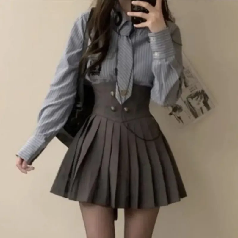 Fashionkova Autumn New 3 Piece Set Women Kawaii Skirt Suits Female Short Coat Pleated Mini Skirt Striped Shirt Y2K Korean Fashion Outfits