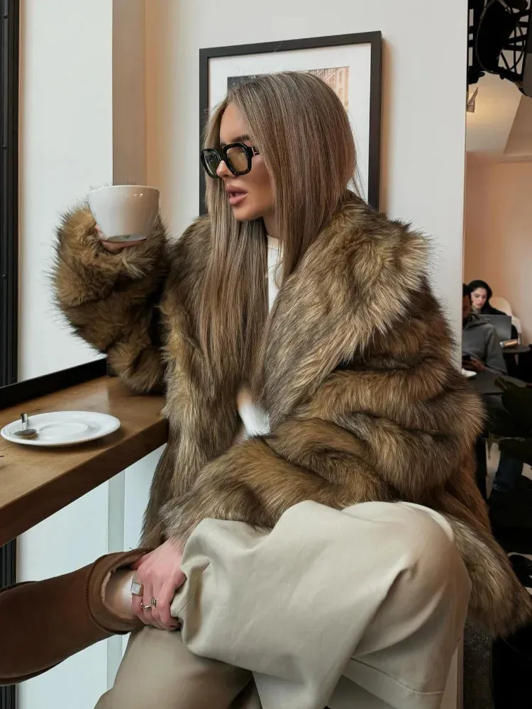 Fashionkova Luxury Brown Women's Fluffy Faux Fur Warm Short Coat Chic Lapel Collar Long Sleeve Furry Jacket Winter 2024 Lady High Streetwear