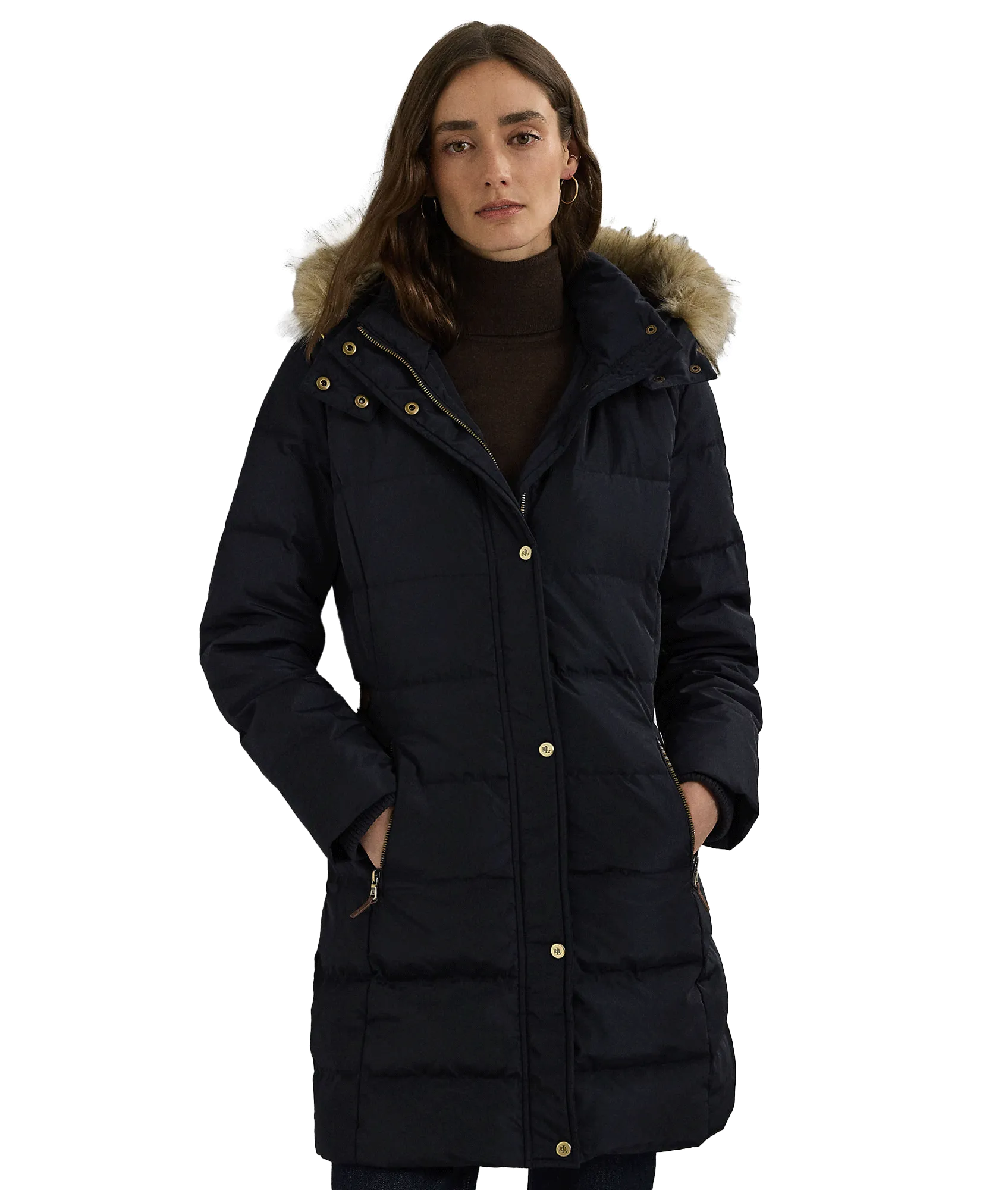 Faux-fur-trim Hooded Down Coat - Navy